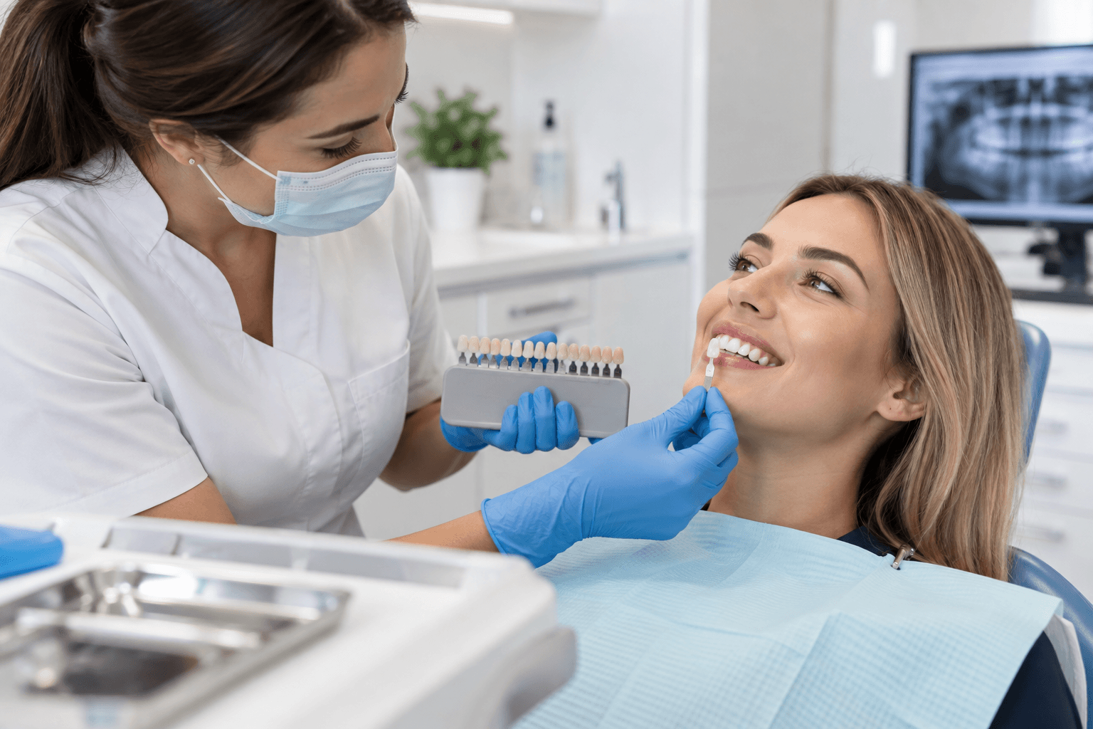 Dental professional assessing a patient's tooth colour with a shade guide