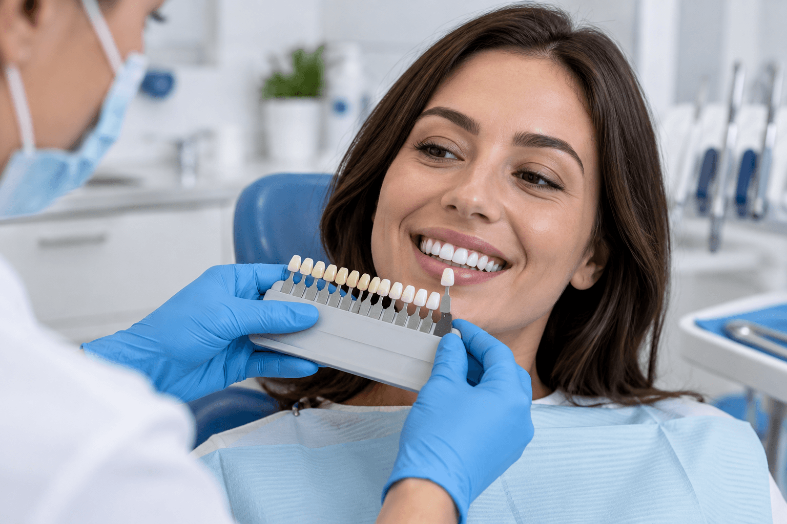 Dental professional and patient checking tooth colour with a shade guide and mirror