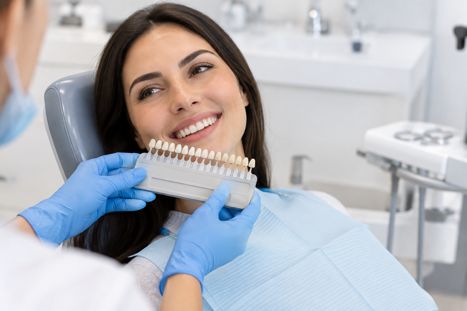 Patient smiling while a dental professional compares tooth shades during a Teeth Whitening consultation