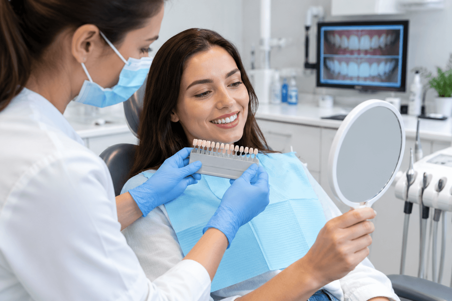Dental professional comparing tooth shades with a patient in a dental clinic