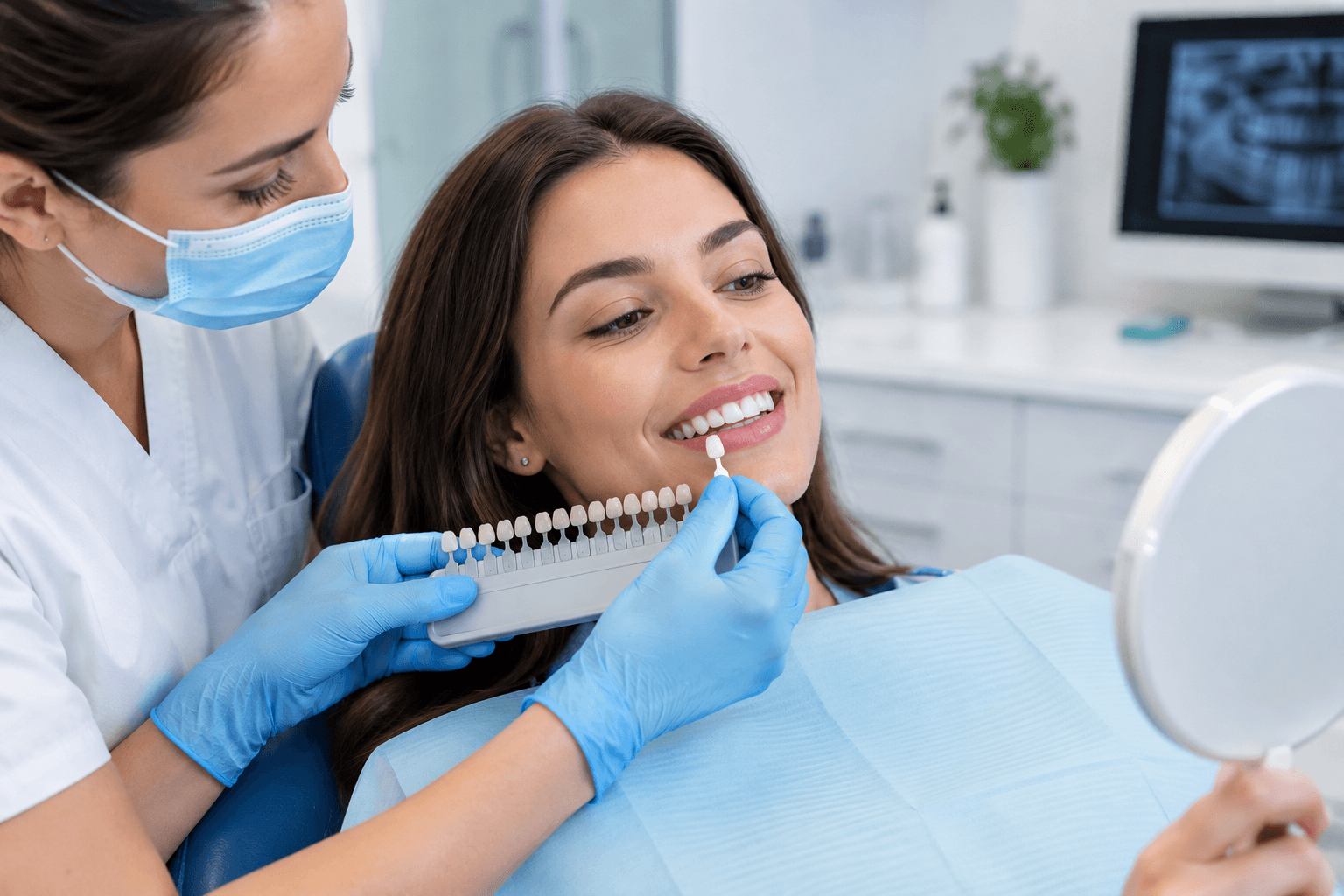 Smiling patient viewing a tooth shade guide during a professional whitening assessment
